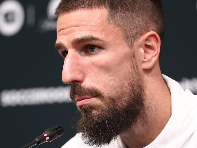 DOHA, QATAR - DECEMBER 01: Milos Degenek of Australia speaks to the media during the Australia Media Session at Aspire Training Centre on December 01, 2022 in Doha, Qatar. (Photo by Robert Cianflone/Getty Images)