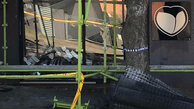 A pile of rubble in the front window of The Booty Parlour gym in Balgowlah that was damaged by a demolition accident. The building had to torn down. Picture: Jim O'Rourke