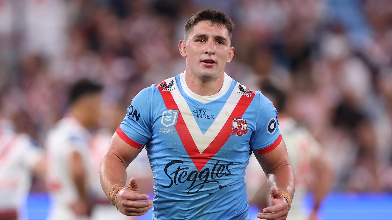 SYDNEY, AUSTRALIA - APRIL 25: Victor Radley of the Roosters is placed on report and sent to the sin-bin by Referee Adam Gee during the round eight NRL match between Sydney Roosters and St George Illawarra Dragons at Allianz Stadium on April 25, 2023 in Sydney, Australia. (Photo by Mark Kolbe/Getty Images)