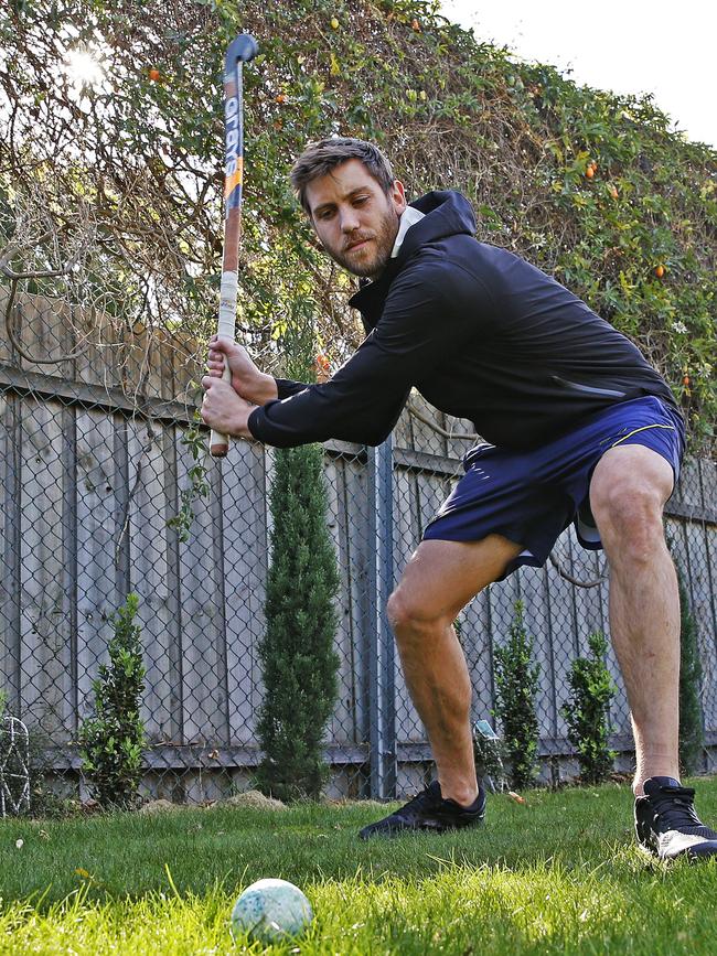 DO NOT USE BEFORE SATURDAY THE 2ND OF MAY: Kookaburras co-captain Eddie Ockenden trains in isolation during the COVID-19 pandemic at his parents house in Moonah.  Picture: Zak Simmonds