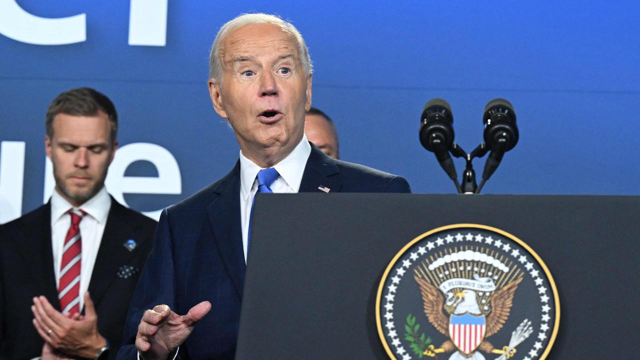 US President Joe Biden gestures after speaking during the Ukraine Compact initiative on the sidelines of the NATO Summit. Picture: AFP