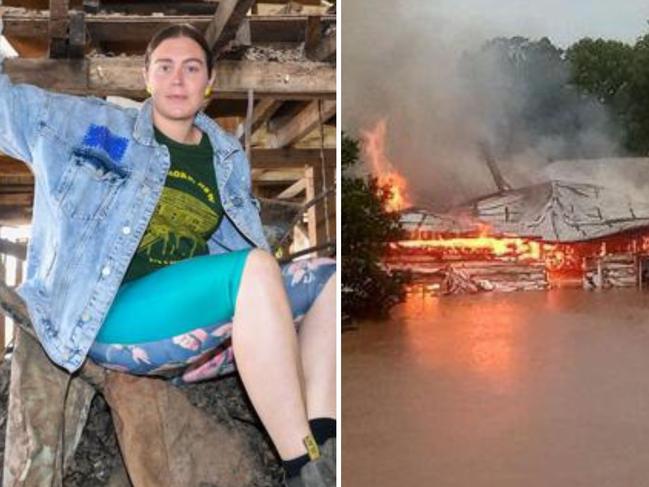 Rahima Jackson pictured next to her house in South Lismore that burned down during the February 2022 flood event.