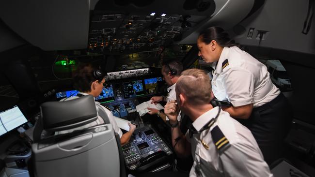 Qantas pilots prepare for the second Project Sunrise test flight from London to Sydney on November 14.