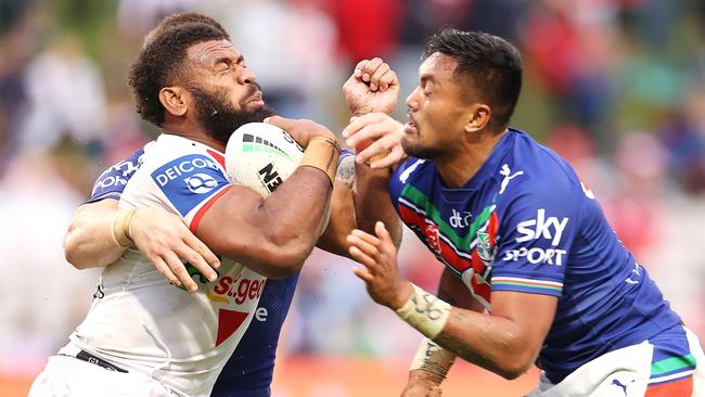 Mikaele Ravalawa charges into the Warriors’ defence. Picture: Mark Kolbe/Getty Images