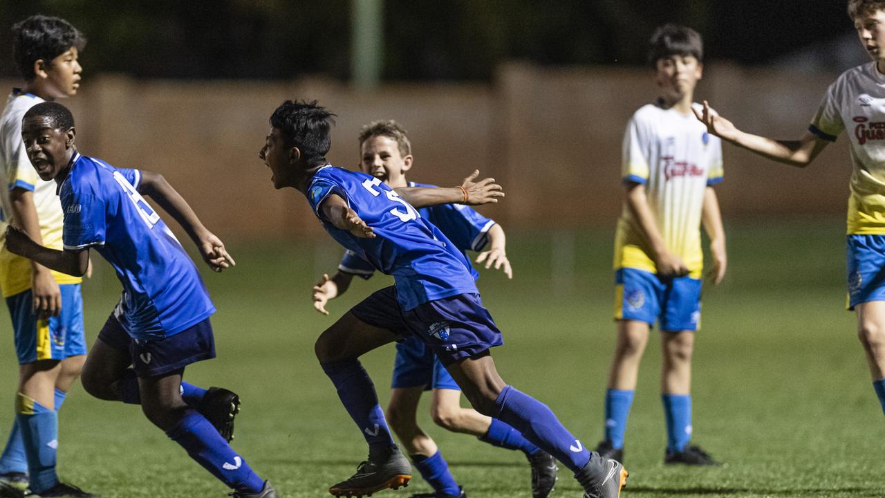 Rockville Rovers White celebrate a goal against USQ FC in Football Queensland Darling Downs Community Juniors U13 Div 1 Maroon grand final at Clive Berghofer Stadium, Friday, August 30, 2024. Picture: Kevin Farmer