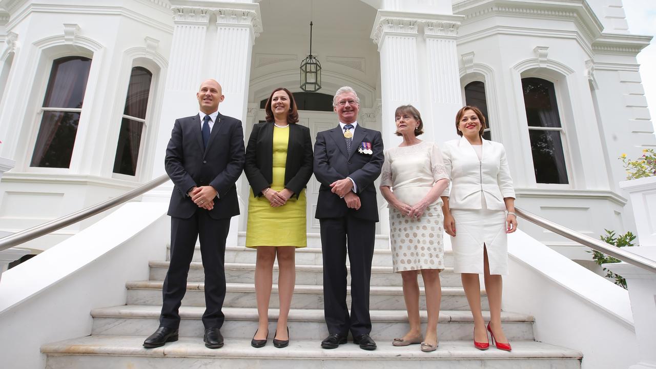 ANNASTACIA Palaszczuk being sworn in as Queensland premier at Government House. Treasurer Curtis Pitt, Queensland Premier Annastacia Palaszczuk, Queensland Governor Paul de Jersey and Kaye de Jersey with Deputy Premier Jackie After the morning's ceremony. Pic Jamie Hanson