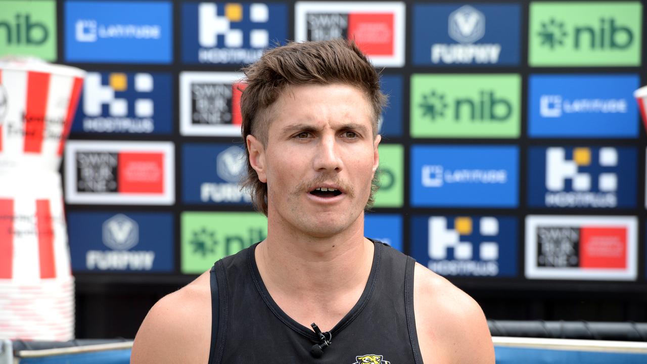 Liam Baker speaks to the media at Richmond training. Picture: Andrew Henshaw