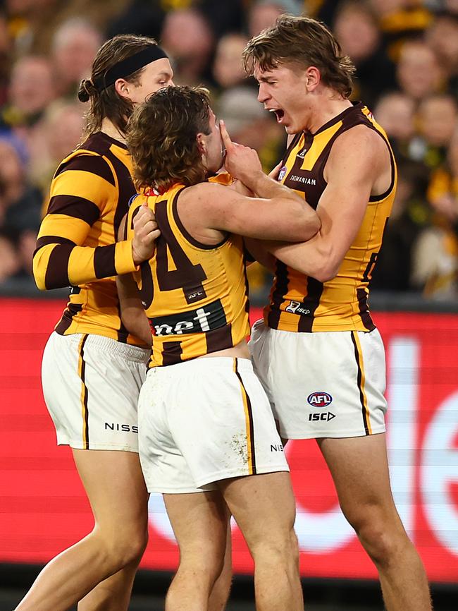 Nick Watson after provocatively putting a finger to his lips in a “be quiet” signal to Tigers fans. Picture: Graham Denholm/Getty Images