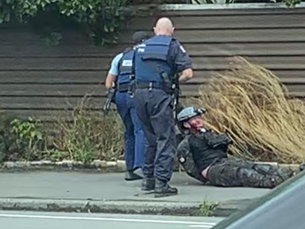 Images showing the arrest of alleged Christchurch gunman Brenton Tarrant by local New Zealand police officers. Picture: Supplied