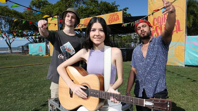 Musicians Cade "Manz" Pettersen and Jamahl Yami of Water Streets and Amber Farnan at the Cairns Festival in 2021. Picture: Brendan Radke