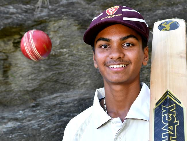 St Peters Lutheran College bowler Ashish NeredimulliAIC First XI cricket between St Peters Lutheran College and St Laurence's College. Saturday February 11, 2023. Picture, John Gass