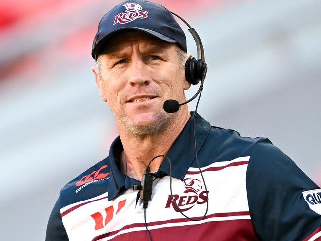 BRISBANE, AUSTRALIA - MARCH 19: Coach Brad Thorn of the Reds is seen during the warm-up before the round four Super Rugby Pacific match between Queensland Reds and Fijian Drua at Suncorp Stadium, on March 19, 2023, in Brisbane, Australia. (Photo by Bradley Kanaris/Getty Images)