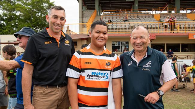 NTRU CEO Nathan McDonald, Tua Reea and Wallabies Coach Eddie Jones ahead of the 2023 World Cup. Picture: Pema Tamang Pakhrin