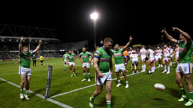 Jordan Rapana roasts England with epic try celebration. Picture: NRL Imagery.