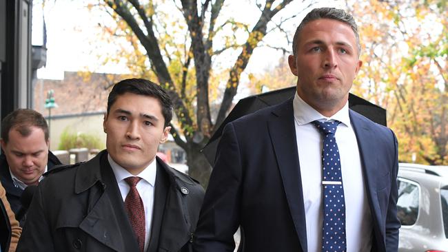 Retired NRL star Sam Burgess (right) leaving Moss Vale Court with lawyer Bryan Wrench. Picture: NCA NewsWire / Simon Bullard