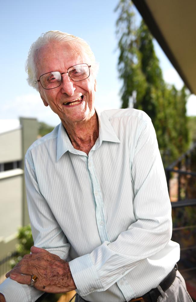 A “bright-eyed and bushy tailed 20-year-old” Vic Ludwig arrived in Darwin on his motorbike in search of work in 1948. Now 93-years-old, he thinks back on his fleeting moment with the Queen and her glory fondly. Picture Che Chorley.