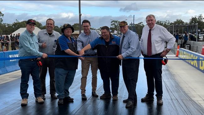 Warwick Dragway has received a $1.9m face lift, with a special ceremony held on Saturday, March 9. Pictured: (From left) Southern Downs councillor Ross Bartley, councillor Andrew Gale, Chris Loy, David Littleproud MP, John Loy, mayor Vic Pennisi and councillor Stephen Tancred.