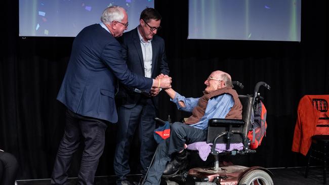 Mayor Paul Antonio congratulates Des Orr for winning the Judy Antonio Memorial Award, which pays respect to the councillor’s late wife. Picture: Matt Ryan