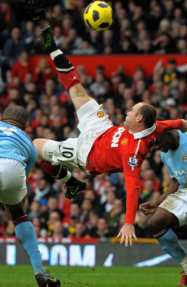 Wayne Rooney executes his stunning overhead goal against City in 2011.