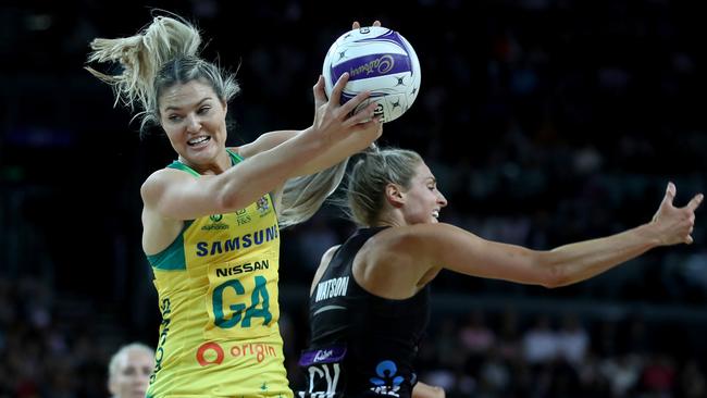 Gretel Tippett of Australia takes a pass during the 2019 Constellation Cup match between the New Zealand Silver Ferns and the Australia Diamonds at Spark Arena on October 16, 2019 in Auckland, New Zealand. Picture: Phil Walter/Getty Images