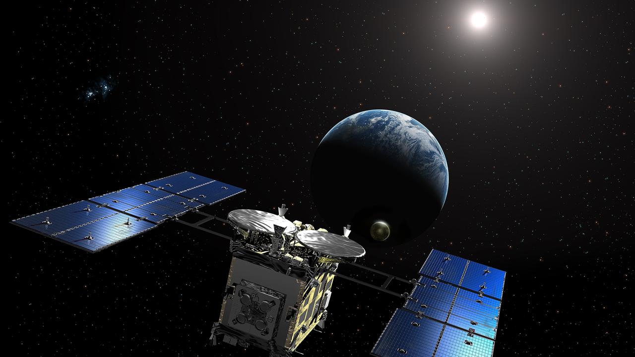 Artist’s impression of Hayabusa2 (with Earth in the background), which will land in the South Australian Outback in December 2020. Picture: Akihiro Ikeshita