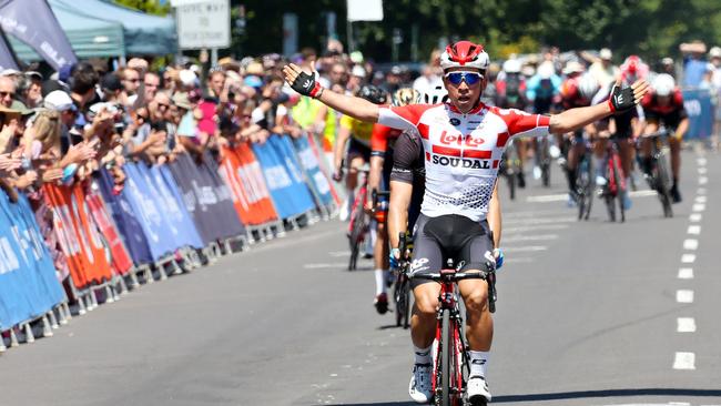 Caleb Ewan has his first win for his new team in the Bay-Crit series in Victoria earlier this month. Picture: Kathy Watt