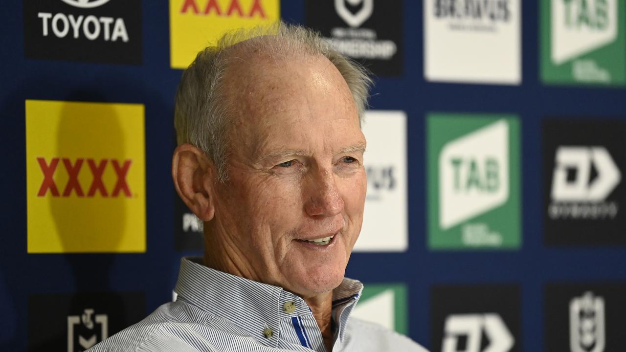 TOWNSVILLE, AUSTRALIA - APRIL 07: Dolphins coach Wayne Bennett speaks at the post match press conference at the end of the round six NRL match between North Queensland Cowboys and Dolphins at Qld Country Bank Stadium on April 07, 2023 in Townsville, Australia. (Photo by Ian Hitchcock/Getty Images)