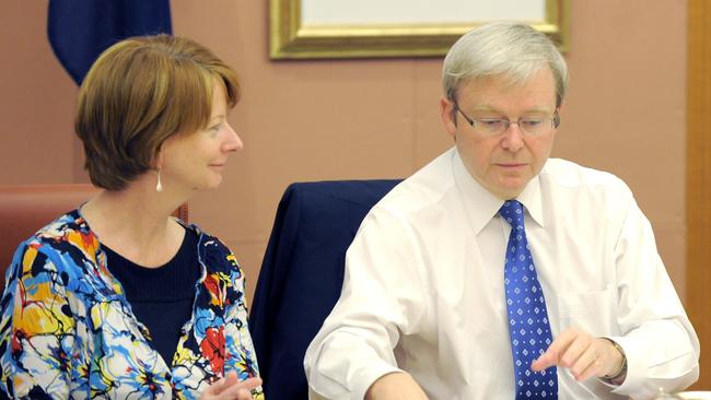 Julia Gillard and Kevin Rudd during a cabinet meeting in Canberra. April, 2009.