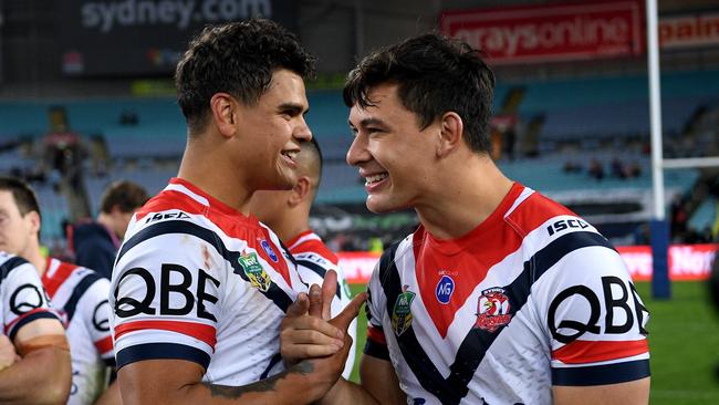 Latrell Mitchell and Joseph Manu formed a strong bond at the Roosters. Picture: AAP/Dan Himbrechts