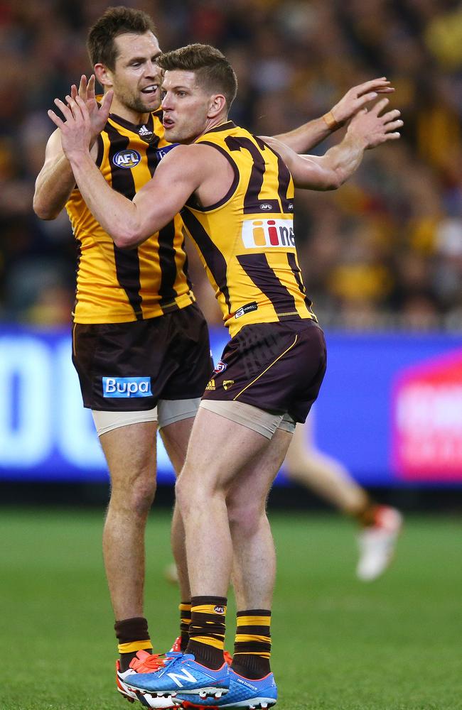 Hawthorn great Luke Hodge (left) told Luke Breust (right) and Jack Gunston that he had to ‘control them’ in their first few finals appearances. Picture: Sarah Reed