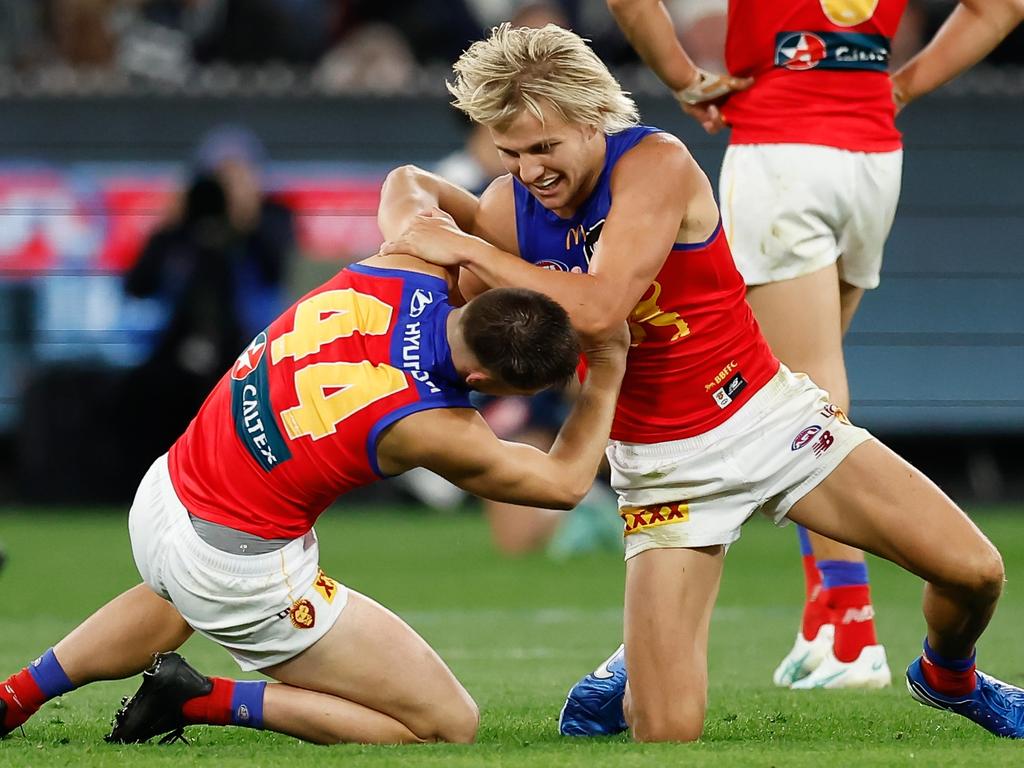 Two young Brisbane stars celebrate a preliminary final win. Picture: Getty Images