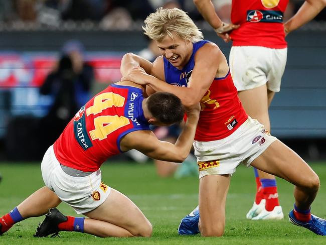 Two young Brisbane stars celebrate a preliminary final win. Picture: Getty Images