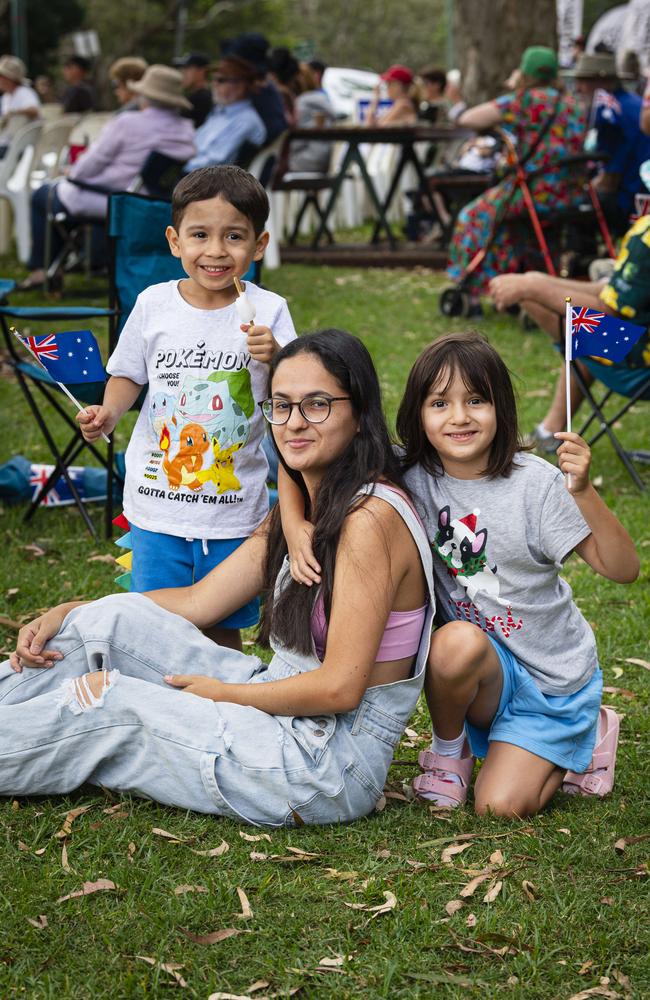 Ariane Pereira with her kids Dominick and Raphy Pereira at Toowoomba Australia Day celebrations at Picnic Point, Sunday, January 26, 2025. Picture: Kevin Farmer