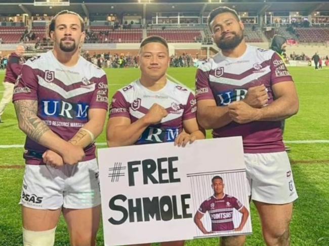 Manly's Josh Aloiai, Gordon Chan Kum Tong and Toafofoa Sipley with a message for Corey Parker. Pic: Instagram