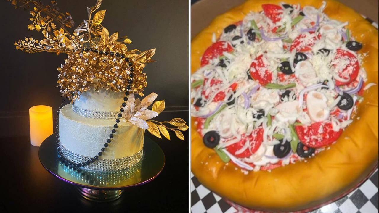 Jorja Meyres: You may think the right image is a pizza, but it is a cake with the topping (mushrooms, tomato, cheese, olives, etc.) made of sweet replicas.