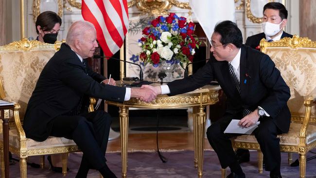 Joe Biden and Fumio Kishida meet at the Akasaka Palace State Guest House in Tokyo on Monday. Picture: AFP