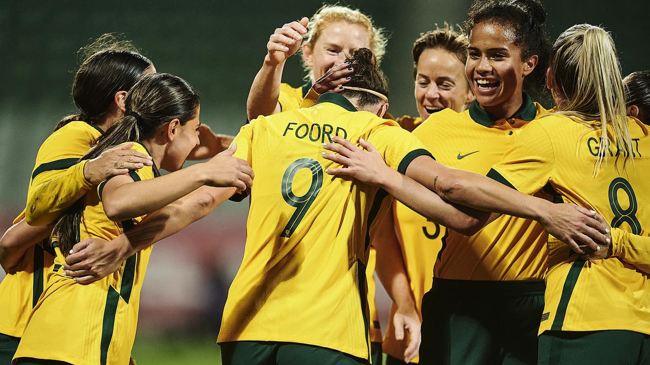 Caitlin Foord celebrates scoring against Denmark. Picture: Jan Christensen / Getty Images