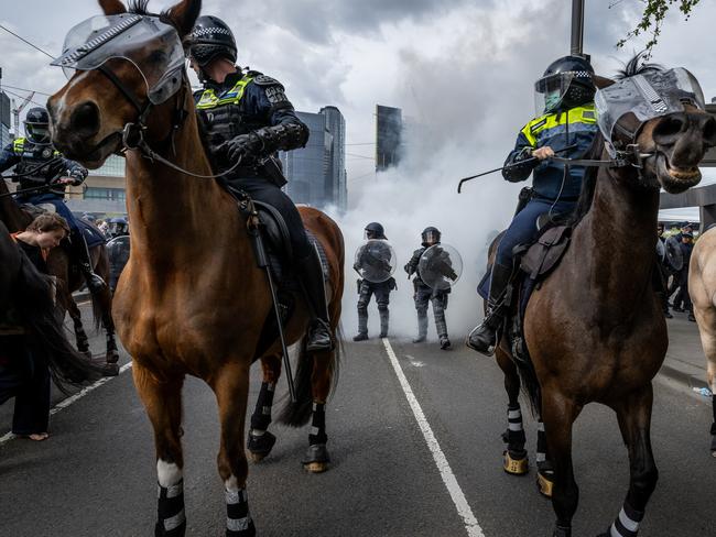 Police horses stay calm amid the chaos of anti-Israel protests. Picture: Jake Nowakowski