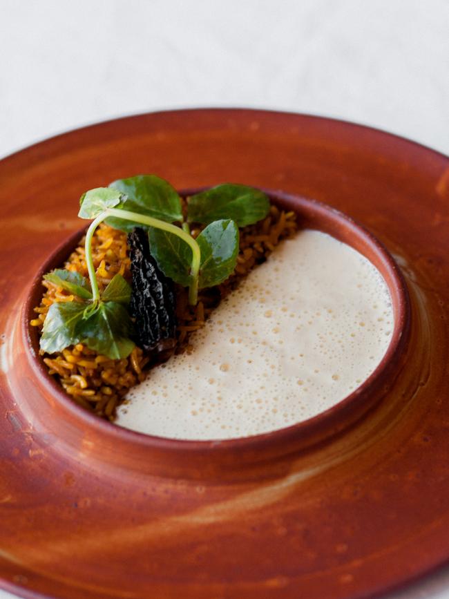 Guacchi pulao: morels with garlic raita.