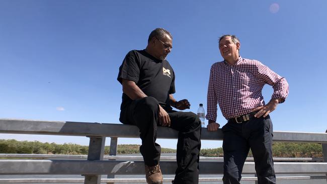 Northern Land Council chairman Samuel Bush-Blanasi and Chief Minister Michael Gunner at a bridge overlooking the Victoria River in Timber Creek