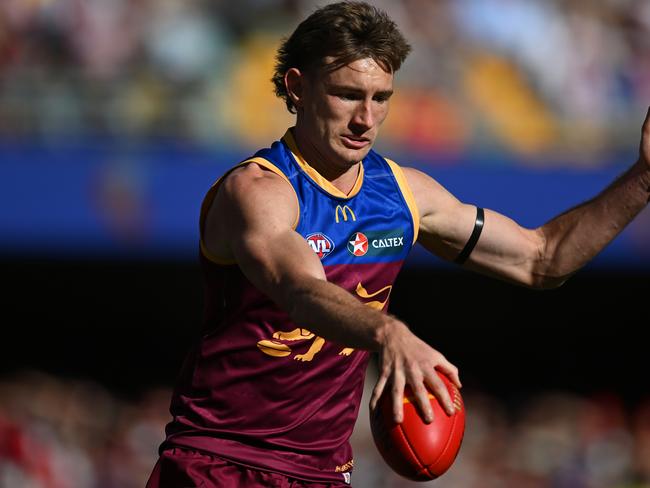 BRISBANE, AUSTRALIA - JULY 21: Harris Andrews of the Lions in action during the round 19 AFL match between Brisbane Lions and Sydney Swans at The Gabba, on July 21, 2024, in Brisbane, Australia. (Photo by Albert Perez/Getty Images)