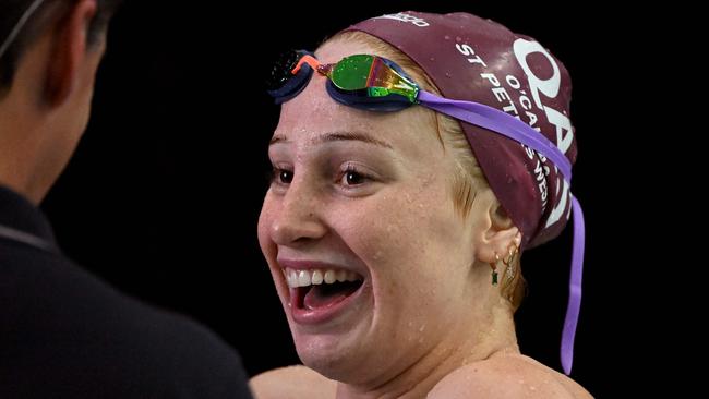 Mollie O'Callaghan after winning the women's 200m freestyle final on Thursday night. Picture: William WEST / AFP