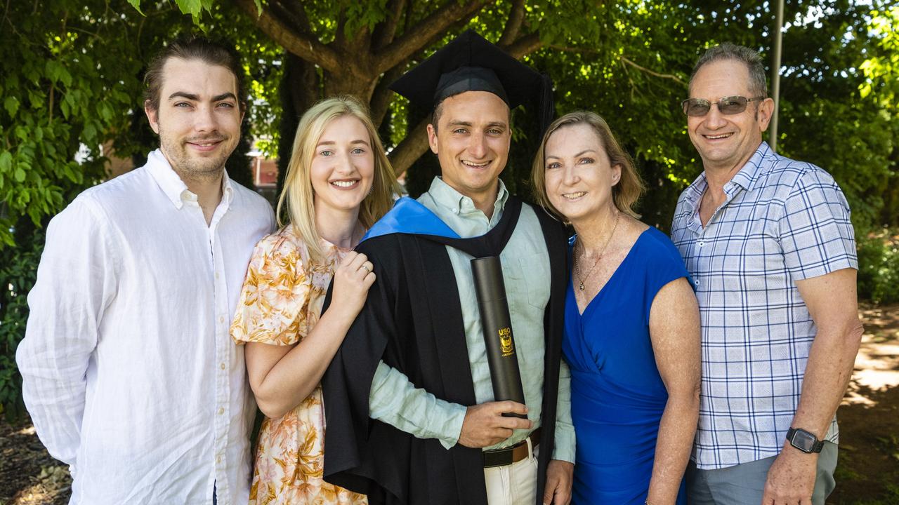 Bachelor of Paramedicine graduate Tyler Gilmour with (from left) Lachlan Gilmour, Nikki Metcalf, Darlene Gilmour and Robert Gilmour at the UniSQ graduation ceremony at Empire Theatres, Wednesday, December 14, 2022.