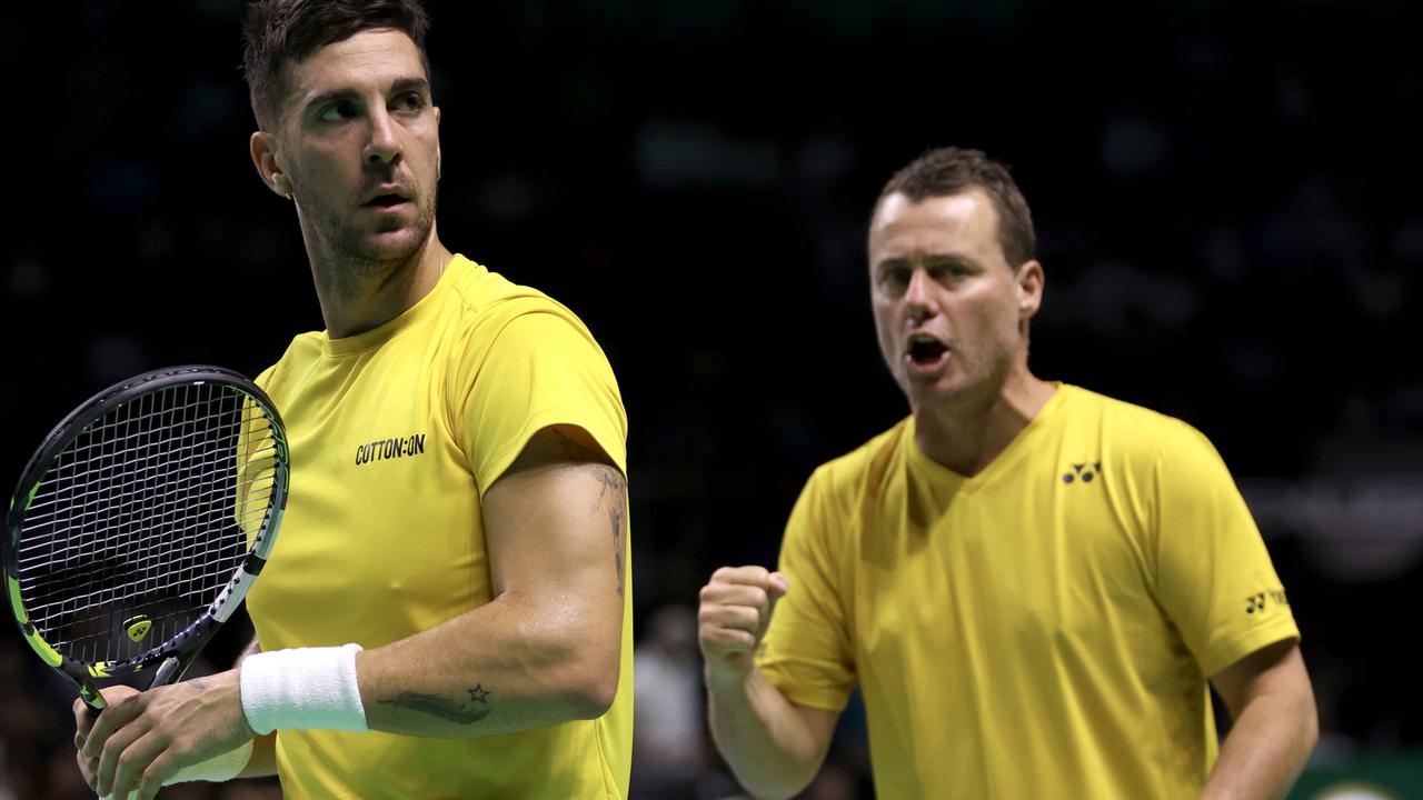 Team Captain of Australia Lleyton Hewitt cheers Thanasi Kokkinakis on. Photo by Clive Brunskill/Getty Images for ITF.