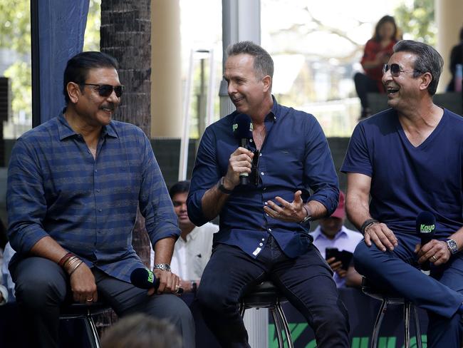 L to R: Ravi Shastri, Michael Vaughan and Wasim Akram at the launch. KAYO SPORTS SUMMER of CRICKET LAUNCH in Parramatta Square.  Picture: John Appleyard