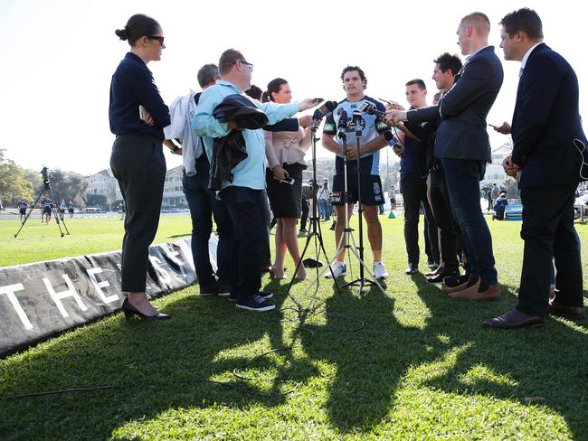 James Roberts speaks to the media. Picture: Brett Costello