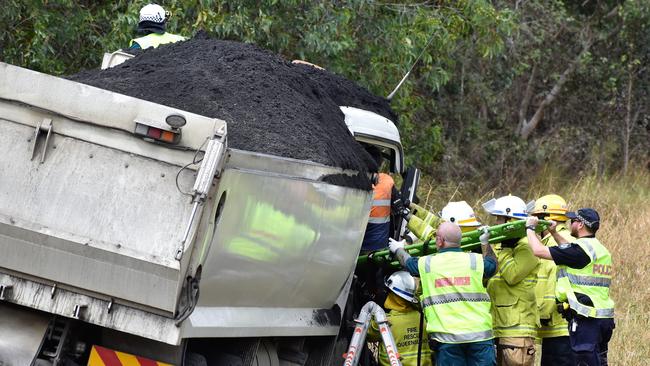 Photos from the scene of an accident involving two trucks and a utility vehicle at Yuruga on the Bruce Highway between Townsville and Ingham. Two men have been badly injured. Picture: Cameron Bates