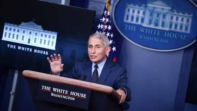 Dr Anthony Fauci speaks during a White House Coronavirus Task Force press briefing at the White House earlier this month. Picture: AFP