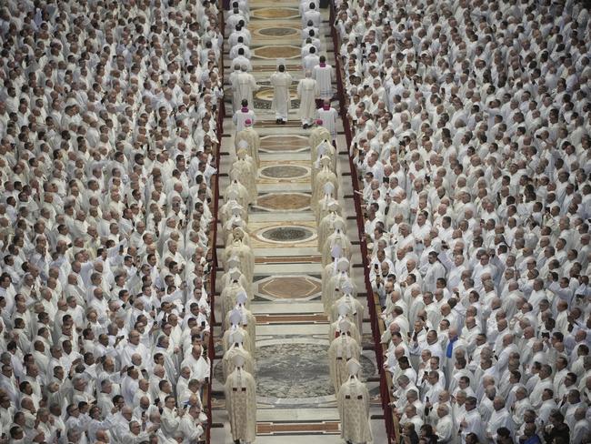 Deacons take part in a mass for their jubilee in St. Peter's Basilica at The Vatican Sunday that was supposed to be presided over by Pope Francis. Picture: AP