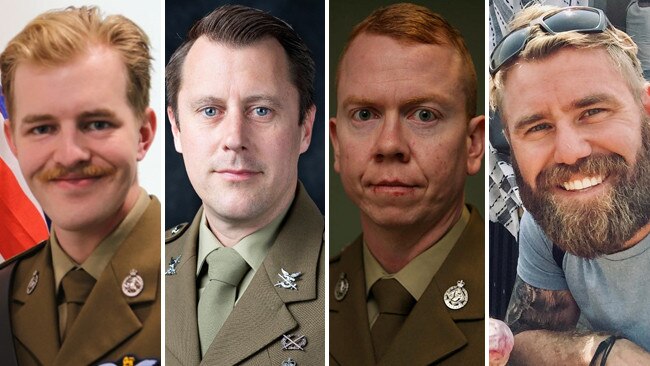 Missing men, from left, Lieutenant Maxwell Nugent, Warrant Officer Class 2 Joseph Laycock, Corporal Alex Naggs and Captain Dan Lyon. Pictures: Supplied